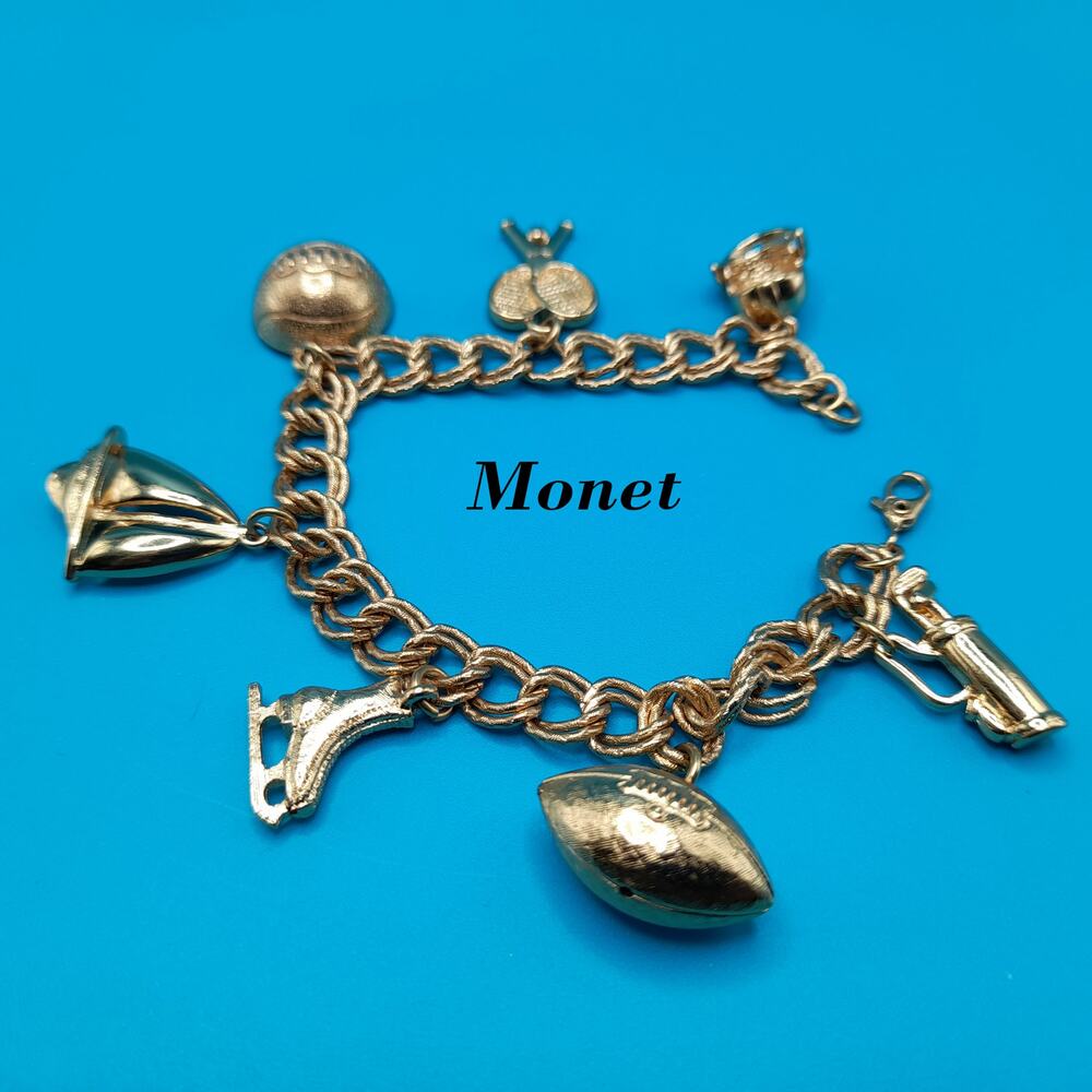 Vintage Monet Charm Bracelet Sports Theme Gold Tone Sister Clasp